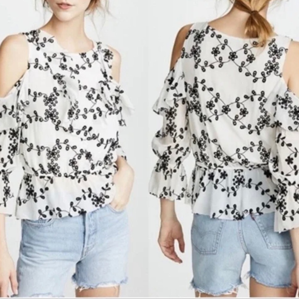Joie Carlyton Floral Eyelet Embroidered Cold Shoulder Silk Top Size M